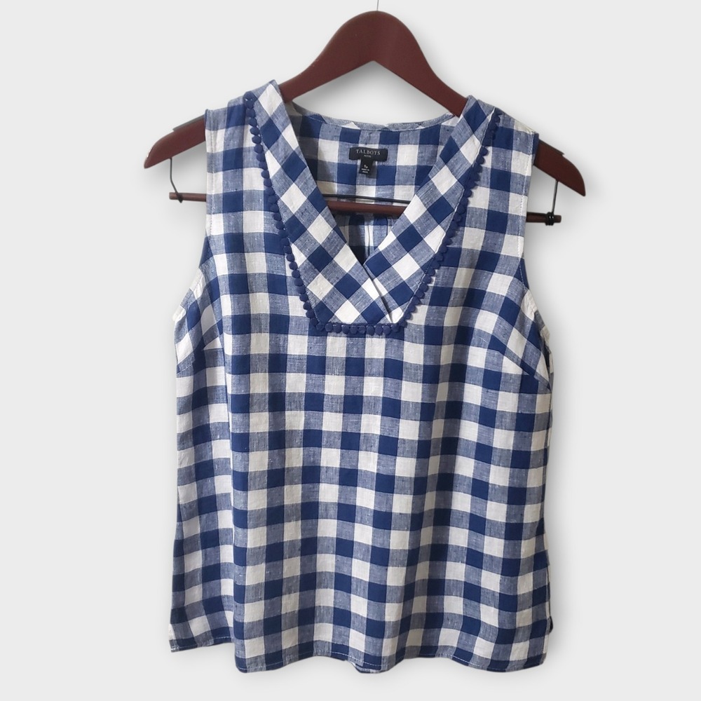 Talbots Petite Blue White Gingham 100%‎ Linen Sleeveless V-Neck Top SP Pom Trim
